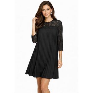 Mikael Aghal Black Lace Pleated Dress Size 2 Sheer Yoke Midi